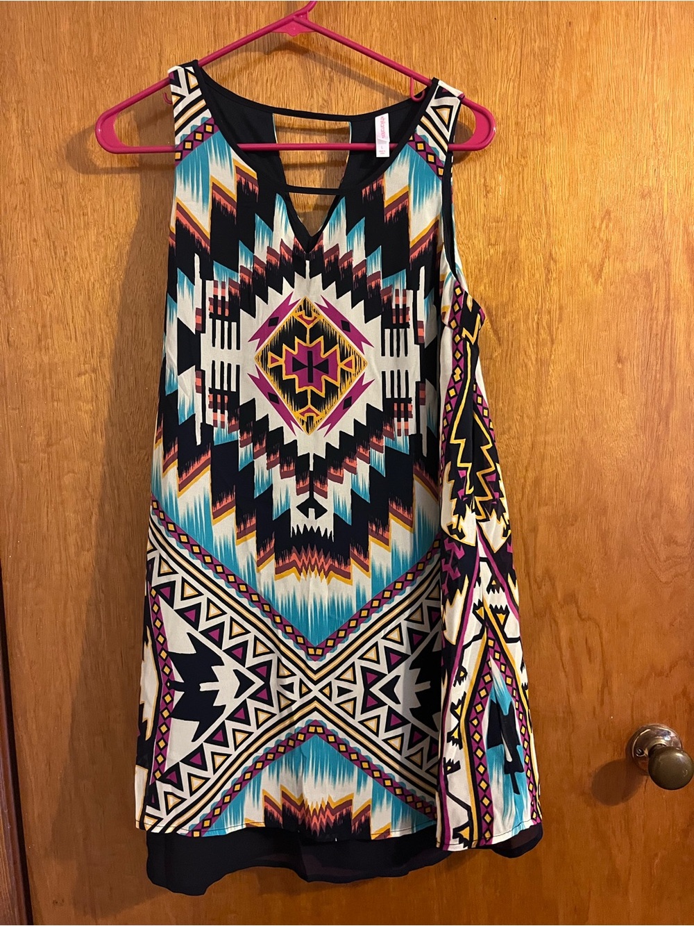 Sleeveless Aztec Print Shift Dress in Black & Teal
